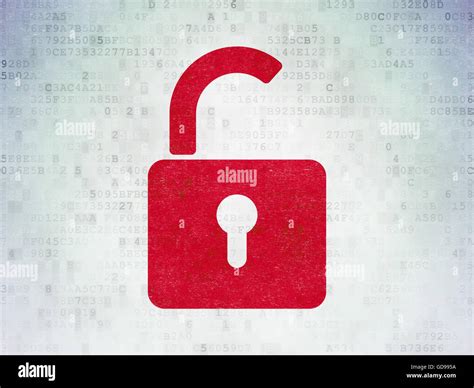 Safety Concept Opened Padlock On Digital Data Paper Background Stock