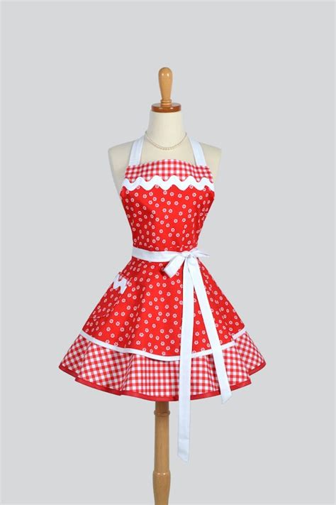 ruffled retro apron cute pinup womens apron in christmas red
