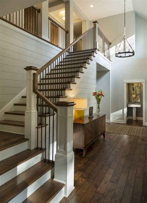 This safety feature also gives stairs a visual in this updated farmhouse, a wooden handrail and clear plexiglass panels secured with sleek wooden railing designs for stairs add a grand finish to formal stairways. 80 Modern Farmhouse Staircase Decor Ideas (63) | Interior ...