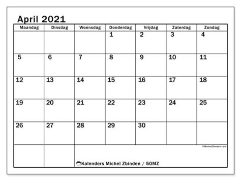 You can also add or note important dates like birthdays, wedding anniversary, etc. Kalender "50MZ" April 2021 om af te drukken - Michel ...