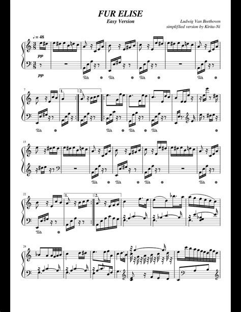 This is a very easy thing to learn and if you feel you need a review go to these easy piano interval pieces and view these beginner music sheet tutorials on intervals of a 2nd and a 3rd. FUR ELISE Easy Version sheet music for Piano download free in PDF or MIDI