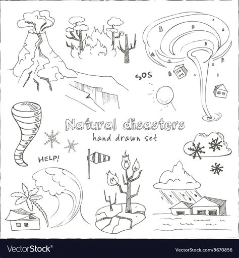 Set Of Doodle Sketch Natural Disasters Royalty Free Vector