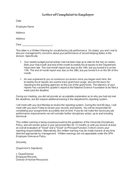 Letter Of Complaint To Employer Templates At