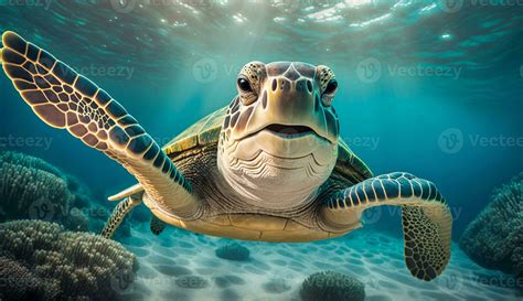 Portrait Of A Happy Sea Turtle Swimming Underwater Generative Ai