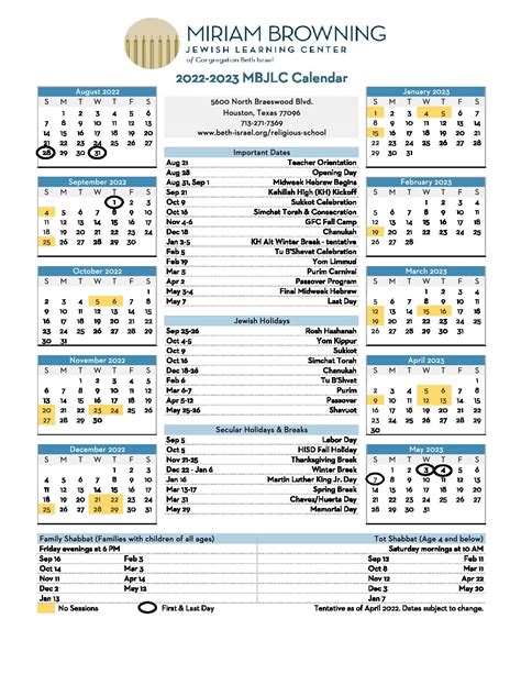 2022 2023 Mbjlc Calendar Congregation Beth Israel