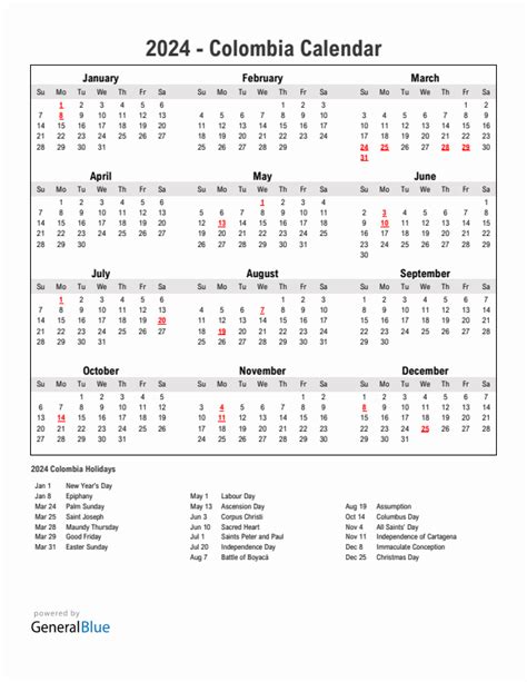 2024 Colombia Calendar With Holidays