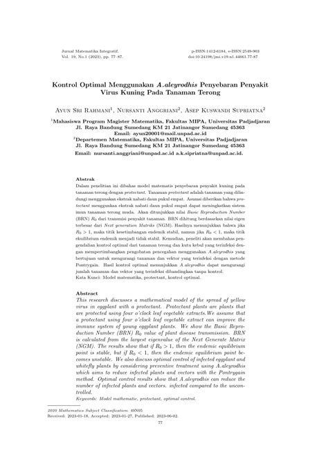 PDF Kontrol Optimal Menggunakan A Aleyrodhis Penyebaran Penyakit Virus Kuning Pada Tanaman Terong
