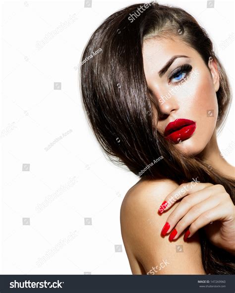 Sexy Beauty Girl With Red Lips And Nails Provocative Make Up Luxury Woman With Blue Eyes