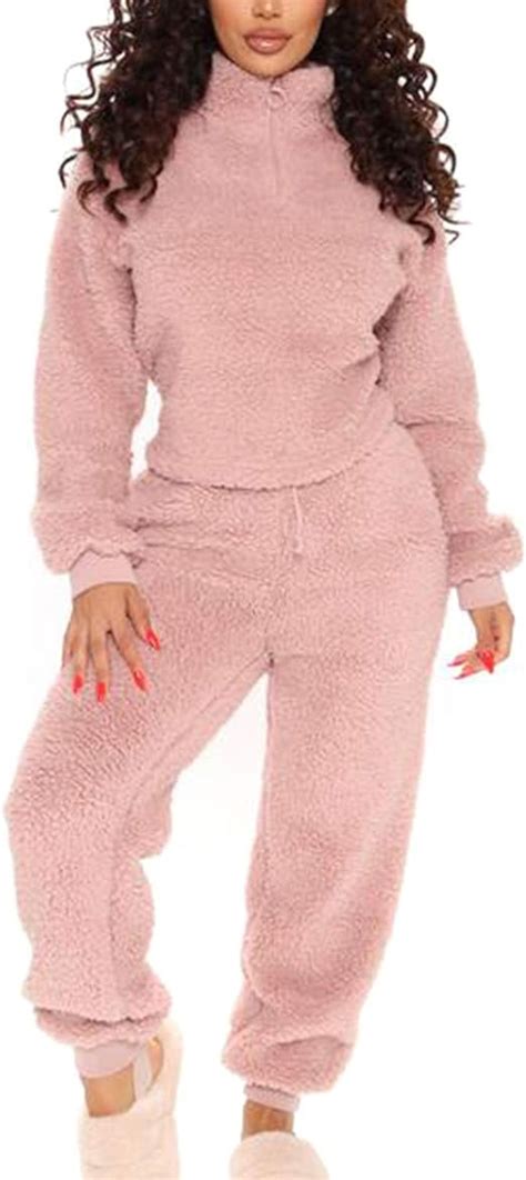 Womens 2 Piece Outfits Warmlong Sleeve Zipper Fuzzy Fleece Sweatpants
