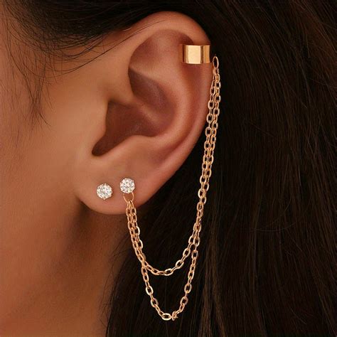 Sparkling Rhinestone Chain Design Ear Cuff Stud Earrings Retro