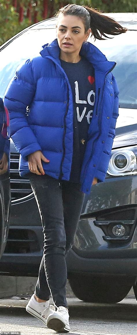 Mila Kunis Works Off Duty Style In Blue Cosy Jacket And White Trainers Daily Mail Online