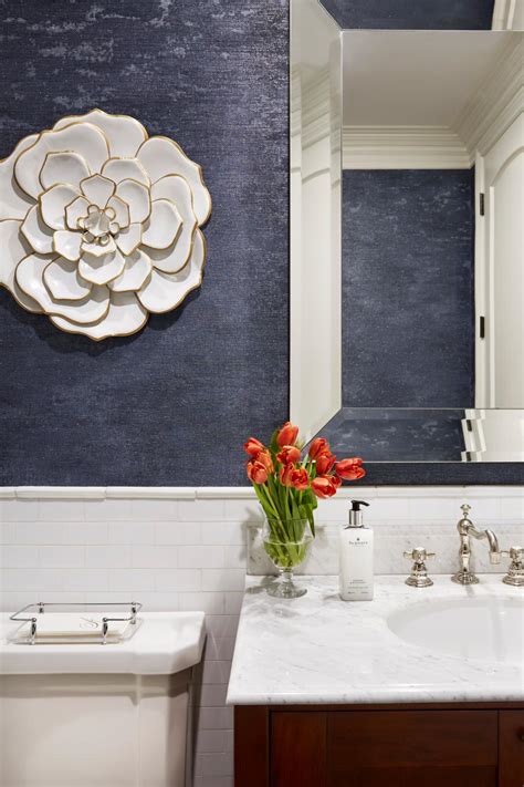Powder Room With Textured Blue Wallpaper Hgtv