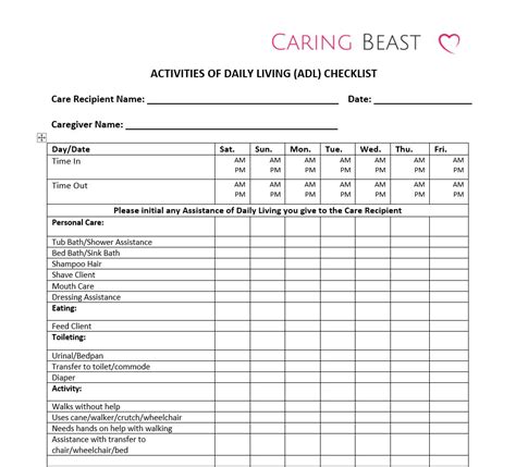 Caregiver Adl Checklist Free Download Caring Beast