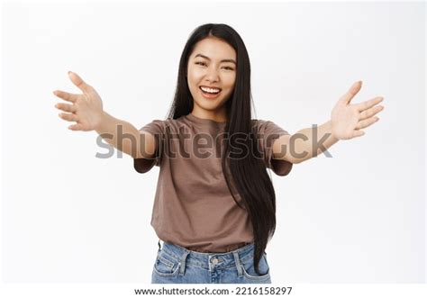 Beautiful Asian Woman Extending Hand Spread Stock Photo 2216158297