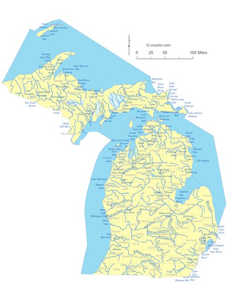State Of Michigan Water Feature Map And List Of County Lakes Rivers
