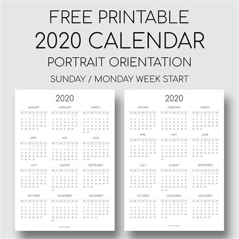 Printable 2020 Year At A Glance Calendar Portrait