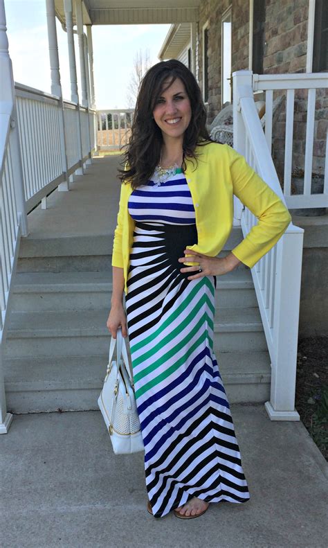 real mom style yellow cardigan and stripes momma in flip flops