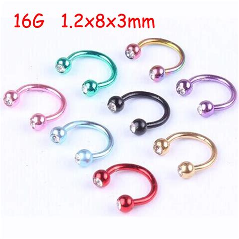 2piece Cbr Stainless Steel Colorful 16g Bcr Circular Barbell Crystal Nostril Nose Ring Nipple