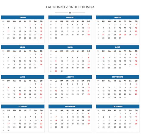 Calendario 2016 De Colombia Con Días Festivos