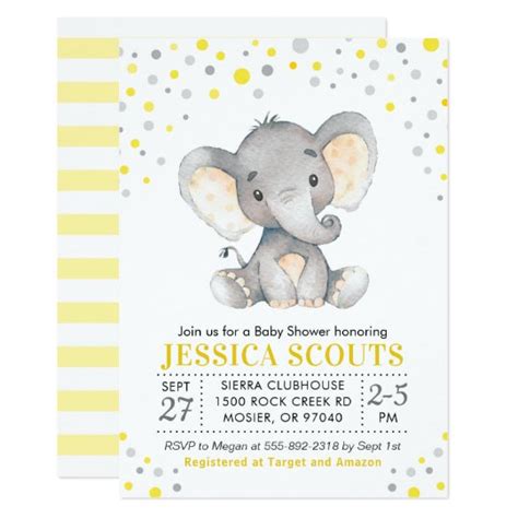 Yellow Gray Neutral Polka Dot Elephant Baby Shower Invitation Zazzle