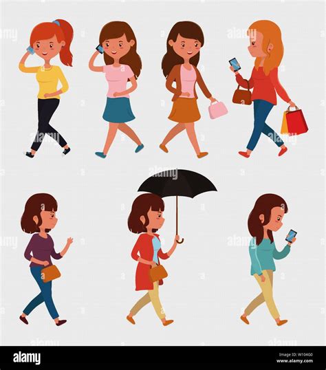 Group Of Beautiful Women Walking Using Smartphones Vector Illustration