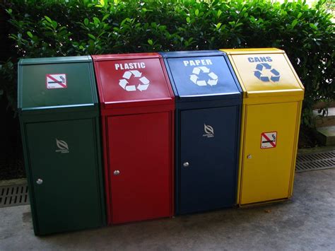 Recycling bins should always be located directly next to a trash can. Bins - Different colors, clearly labeled, large openings ...
