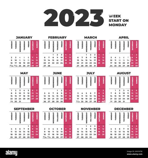 2023 plantilla de calendario con semanas comienzan el lunes imagen vector de stock alamy