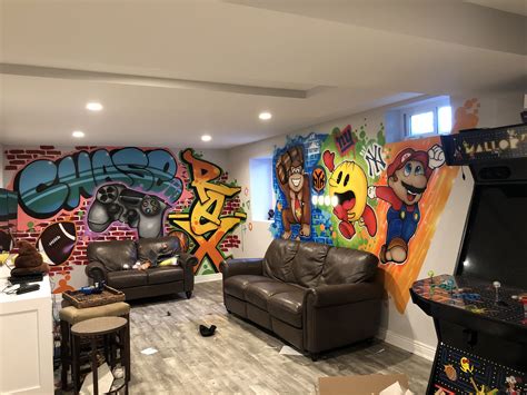 A Living Room Filled With Furniture And Graffiti On The Walls