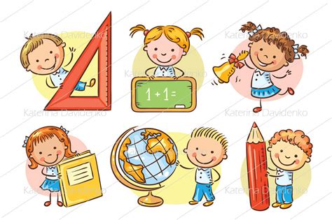 Set Of Cartoon School Kids Holding Different School Objects By