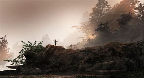 Hero Loneliness Warrior Fantasy Art Trees Mist Nature Rock