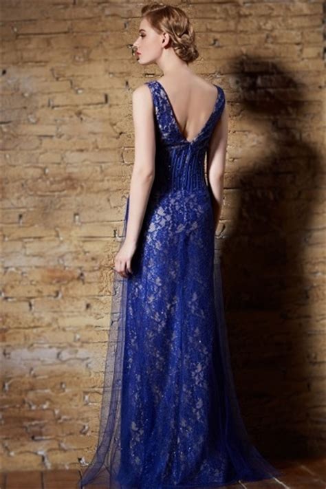 Sexy Blaues V Ausschnitt Perle Langes Ärmellos Abendkleid aus Spitze