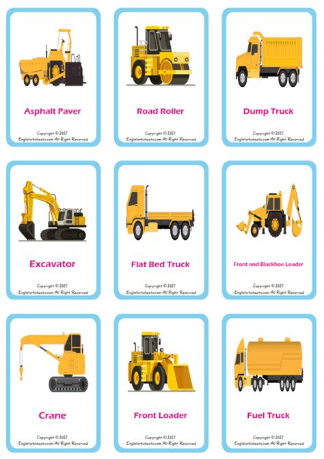 Construction Trucks Esl Printable Picture Dictionary Worksheet For Kids