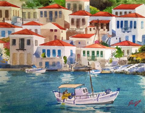 Chalki Greece 30x40 Watercolor By Babis Douzepis Watercolor Greece
