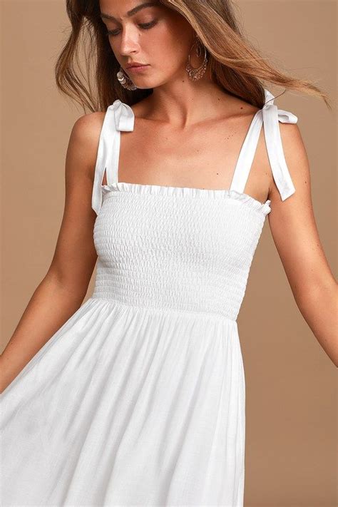 Looking Up White Smocked Tie Strap Midi Dress Casual Summer Dresses Sundresses White Midi