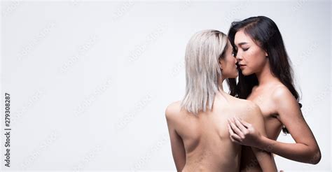 Sensual Couple Holding Embrace With Love Emotion Two Beautiful Asian Sexy Lesbian Women Long