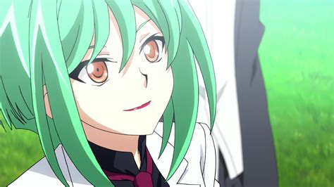 an anime character with green hair and blue eyes looking at the camera while standing in grass