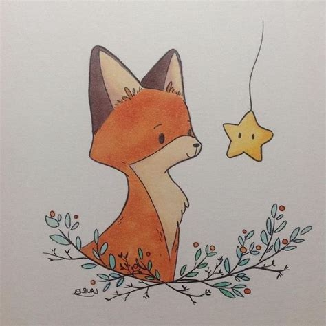 Cute Things To Draw Baby Fox Looking At A Small Star Tree Branches