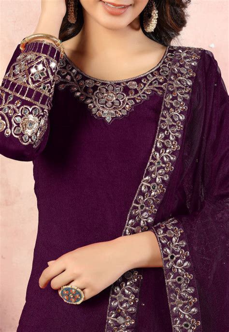 Embroidered Art Silk Punjabi Suit In Wine Kch6216