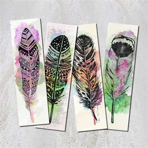 Watercolor Feather Bookmark Set Of 4 Digital Printable