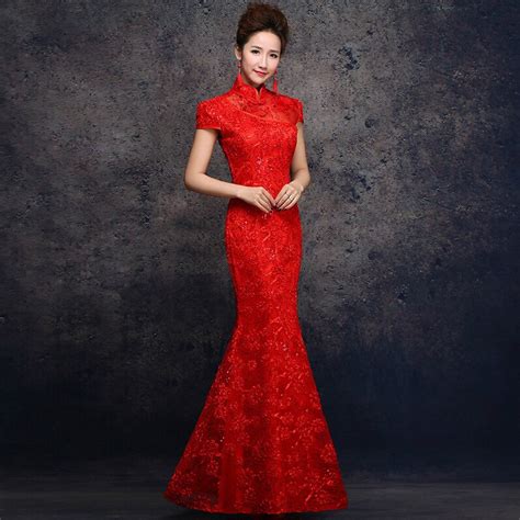 Qipao Red Lace Cheongsam Modern Chinese Traditional Wedding Dress Women