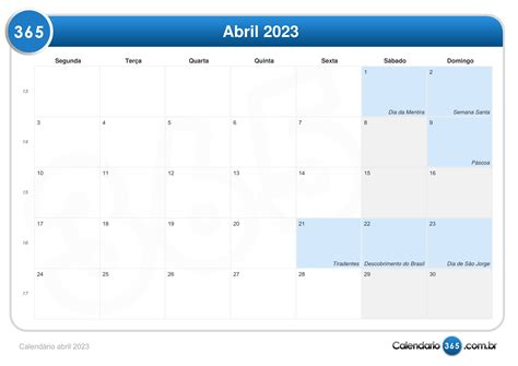 Calendário Abril 2023