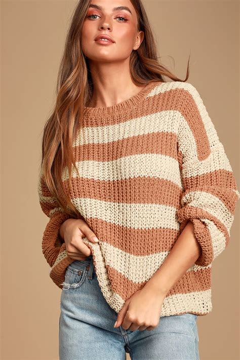 Cozy Cream And Peach Sweater Striped Sweater Chenille Sweater Lulus