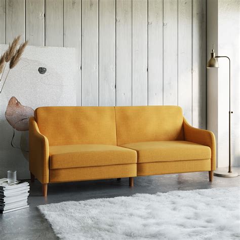 Dhp Jasper Coil Futon Convertible Sofa And Couch Mustard Yellow Linen
