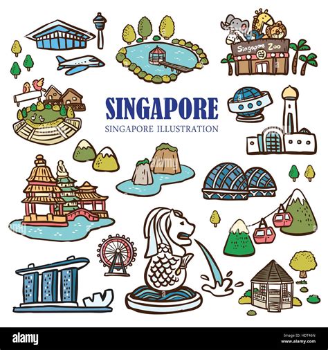 Singapore Must See Attractions Collection In Hand Drawn Doodle Style
