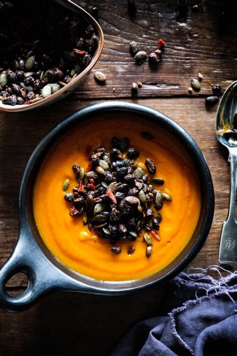 Carrot Pumpkin And Turmeric Soup With Spicy Black Bean Topping Swoon