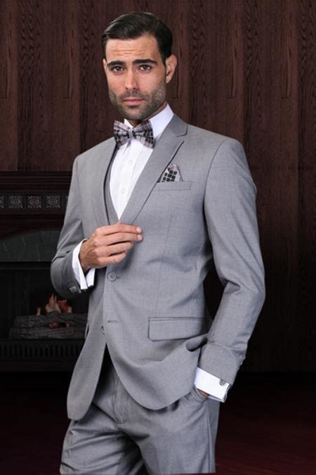 Gray Narrow Lapel Low Vest Vented European Suits For Men