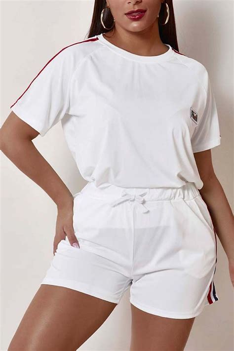 lovely sportswear patchwork white two piece shorts set two piece shorts set short sets white