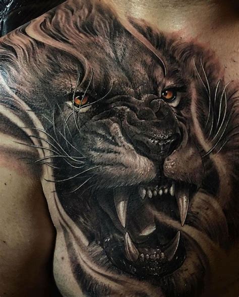 Roaring Lion Mens Lion Tattoo Cool Chest Tattoos Lion Chest Tattoo