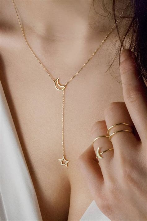 Moon And Star Necklace Gold Lariat Necklace Crescent Moon Etsy Gold