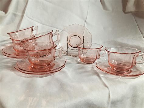 Vintage Delicate Pink Depression Glass Set Of Six Tea Cups Saucers
